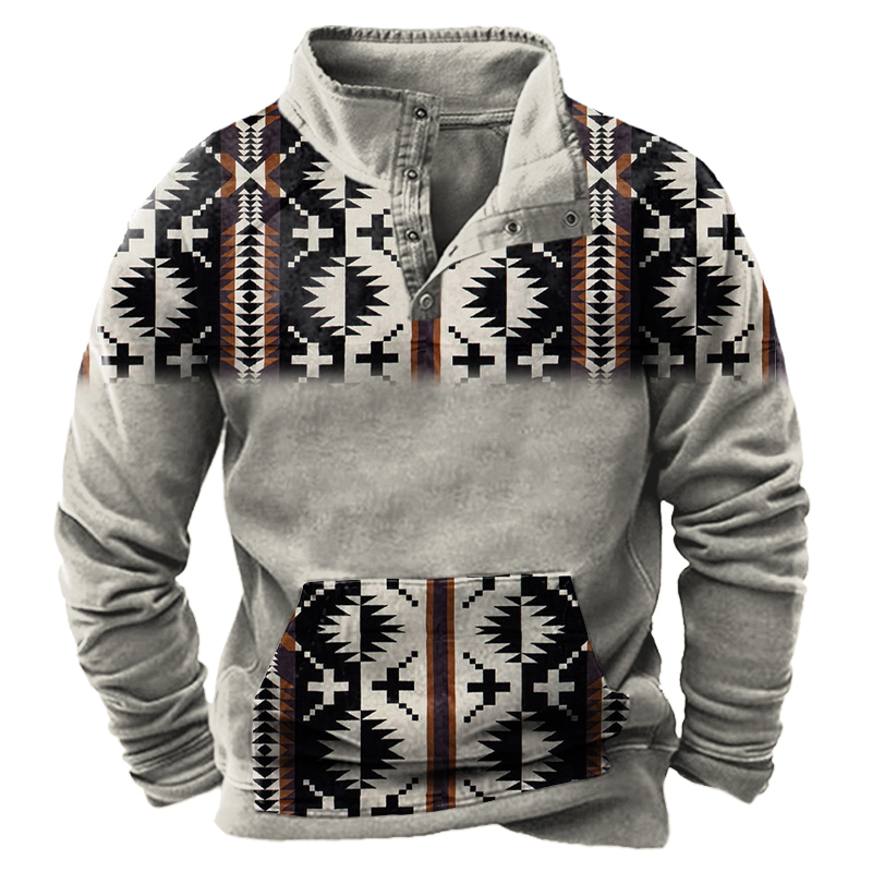 Men's Vintage Ethnic Print Pocket Zip Sweatshirt