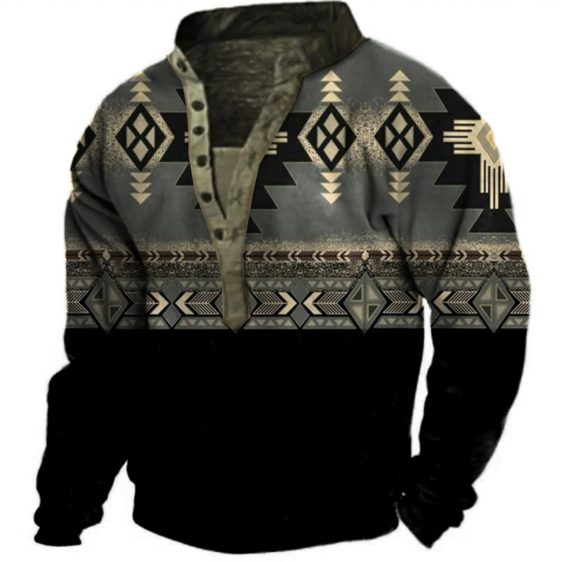 Men's Ethnic Totem Print Henley Collar Sweatshirt