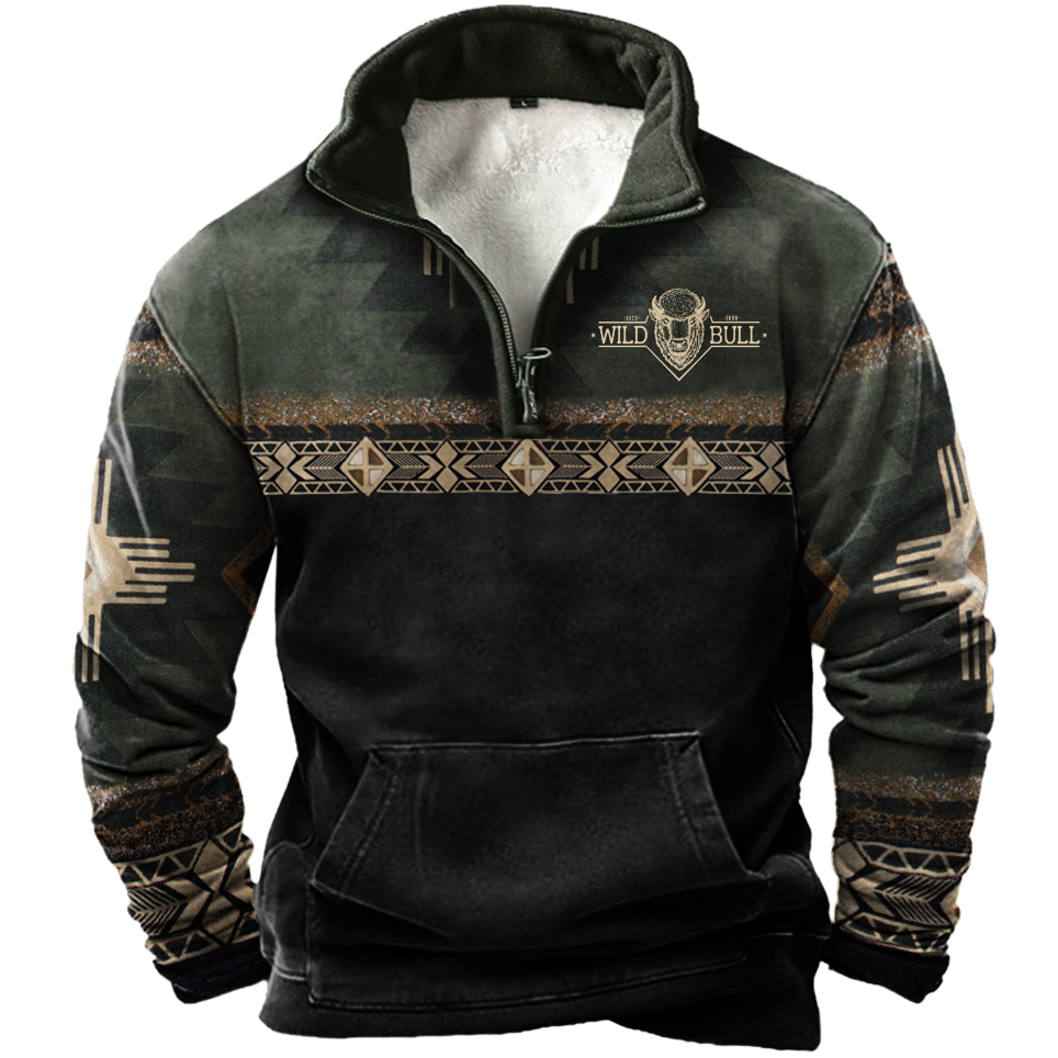 Men's Vintage Western Cowboy Colorblock Zipper Lapel Sweatshirt