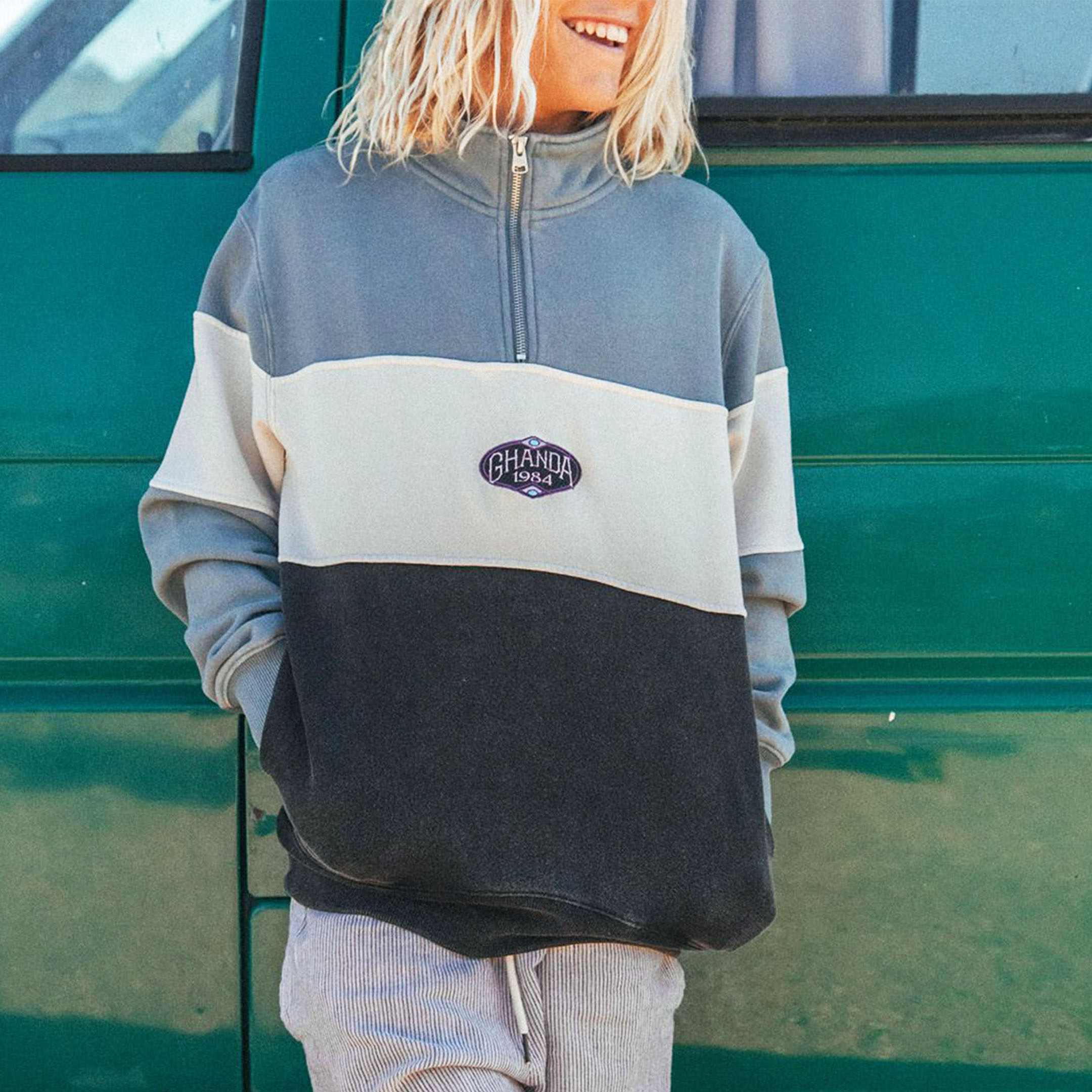Retro GHANDA Color Block Zipper Sweatshirt