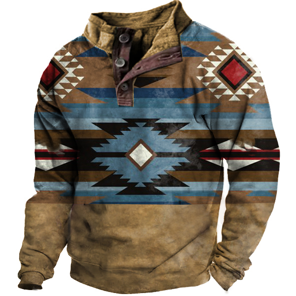 Men's Vintage Ethnic Print Henley Sweatshirt