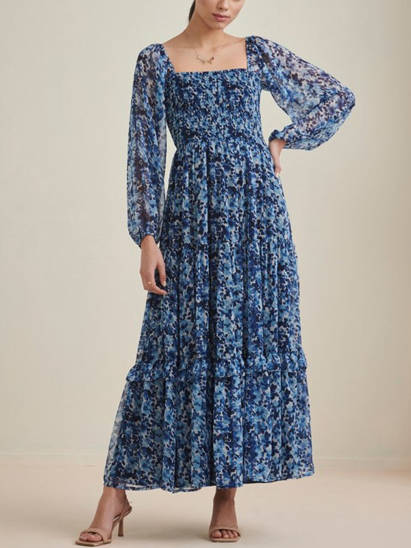 Blue Floral Tiered Maxi Dress