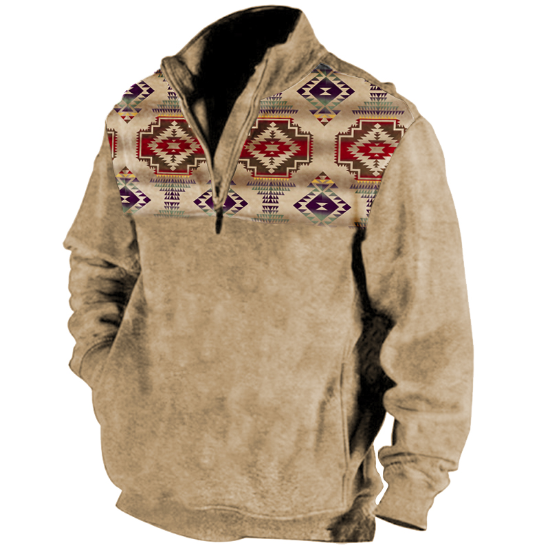 Men's Vintage Ethnic Print Pocket Zip Sweatshirt