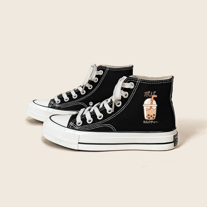 Boba Milk Tea High Top Black Canvas Shoes - Women's