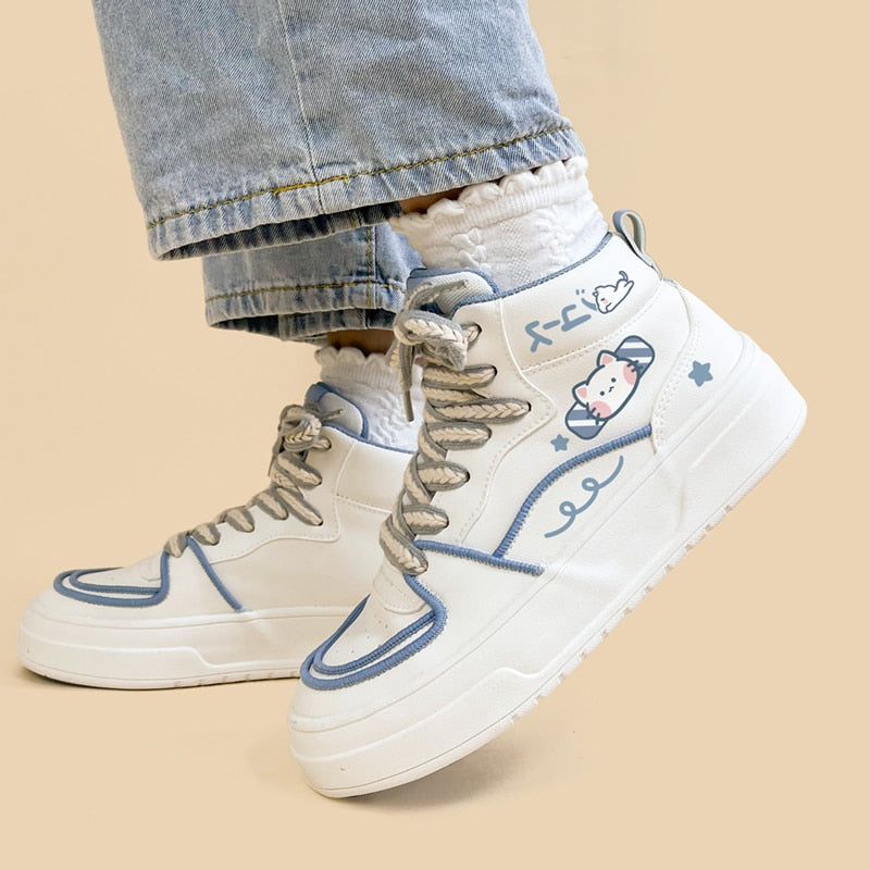 Kawaii Kitty White High Top Canvas Shoes - Women's