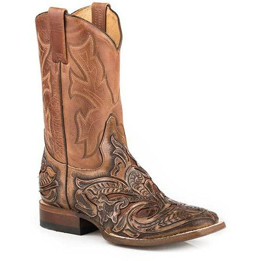 Men's Stetson Hand Tooled Wicks Leather Boots Handcrafted Brown