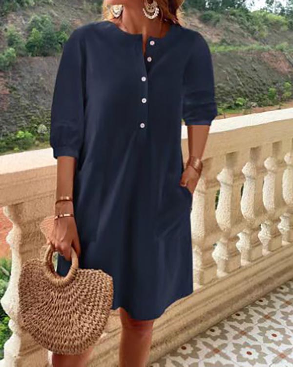 Cotton Balloon Sleeve Loose Pocket Dress