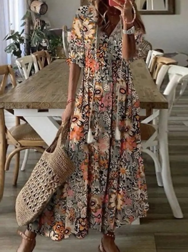 Casual Loose V-neck Printed Long Dress
