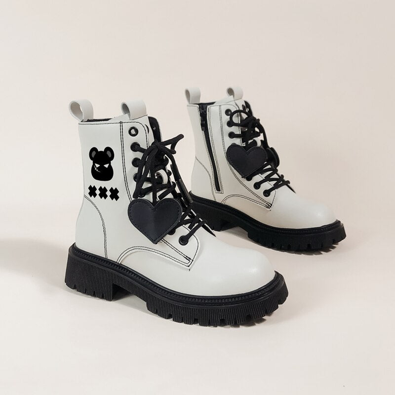 Kawaii Heart and Panda Faux Leather Platform Boots - Women's