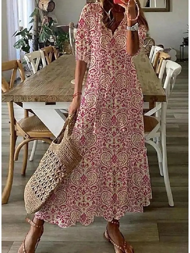 Casual Loose V-neck Printed Long Dress