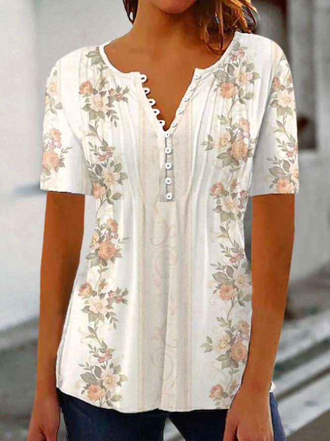 Beige Short Sleeve Print Top