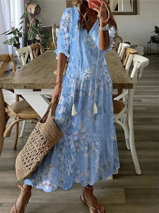 Casual Loose V-neck Printed Long Dress