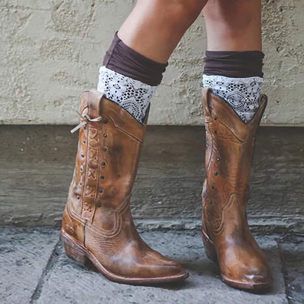 Women's Vintage Chunky Heel Mid-Calf Riding Boots 15437253C