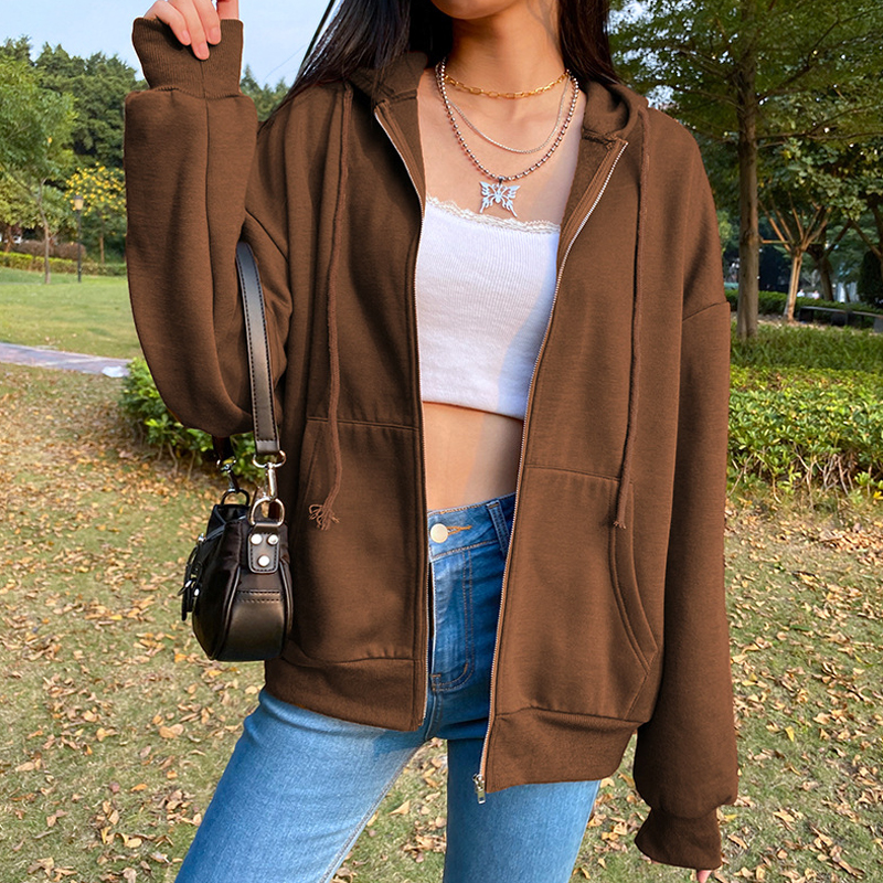 Casual Solid Color Hooded Zipper Hoodie