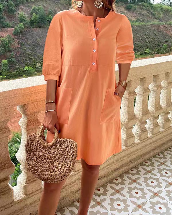 Cotton Balloon Sleeve Loose Pocket Dress