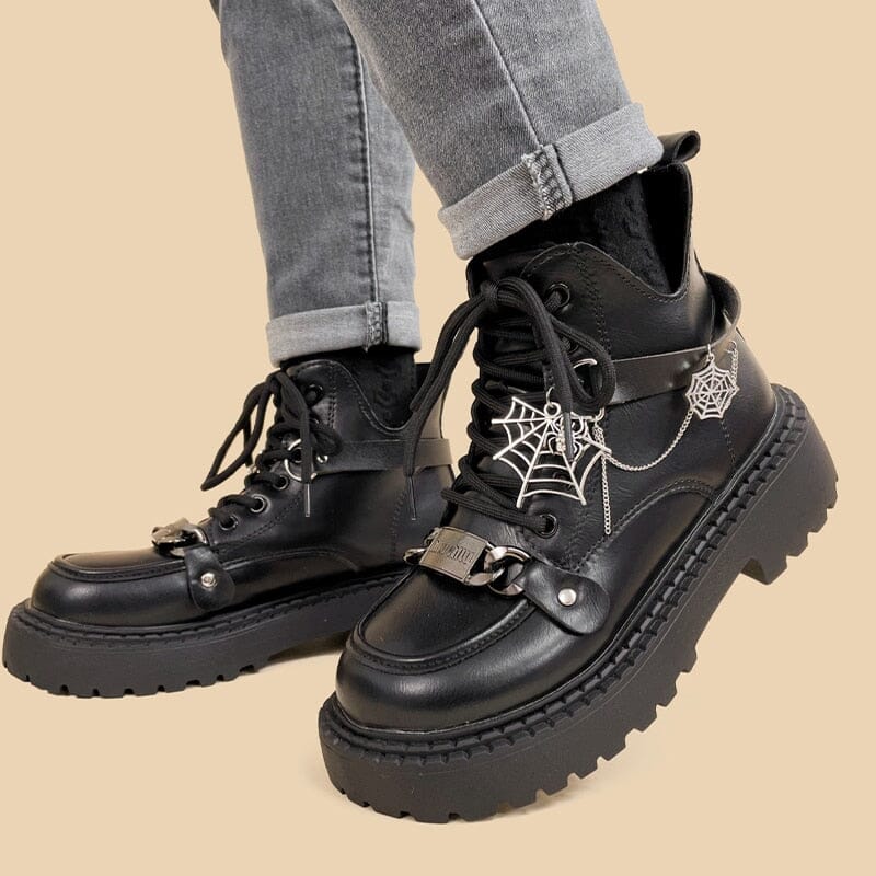 Spooky Spiderweb Staple Faux Leather Platform Boots - Women's