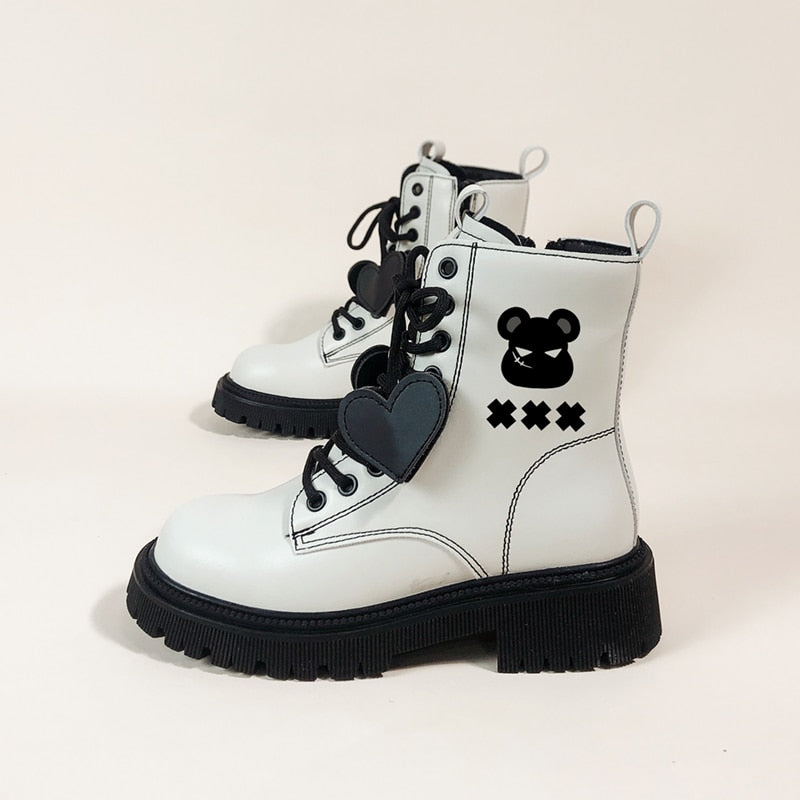 Kawaii Heart and Panda Faux Leather Platform Boots - Women's