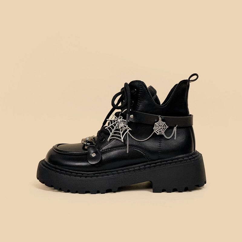 Spooky Spiderweb Staple Faux Leather Platform Boots - Women's