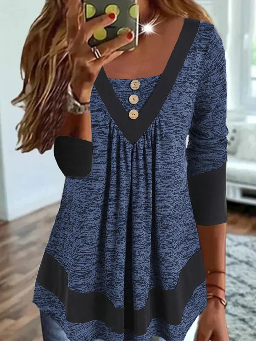 Women Long Sleeve U-neck Buttons Tops