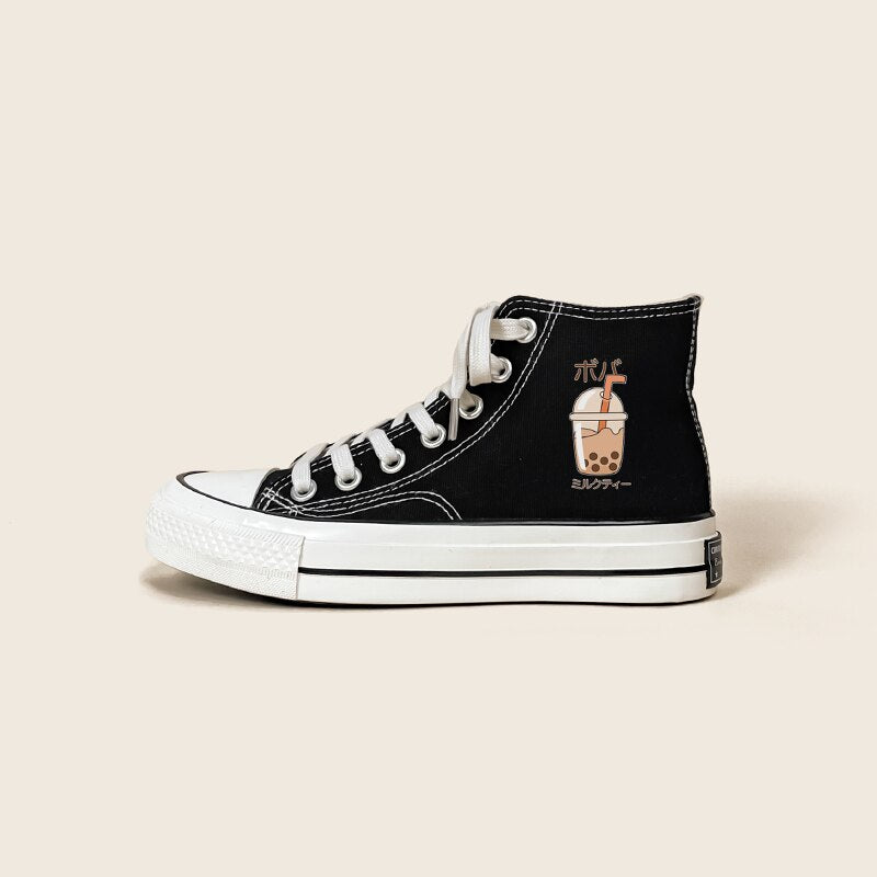 Boba Milk Tea High Top Black Canvas Shoes - Women's