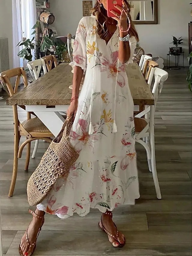 Casual Loose V-neck Printed Long Dress