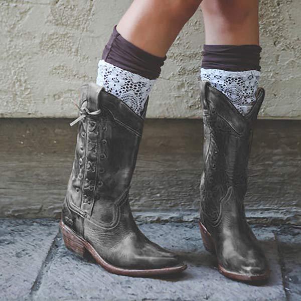 Women's Vintage Chunky Heel Mid-Calf Riding Boots 15437253C