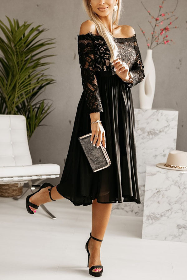 Kaia Lace Off Shoulder Pleated Midi Dress