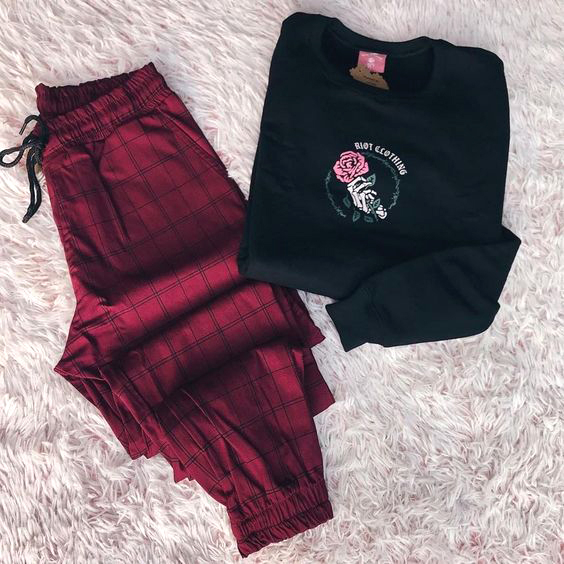 Casual Print Sweatshirt Check Sweatpants Set