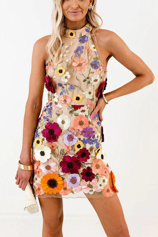 Wish Upon A Dream Floral Applique Halter Mini Dress