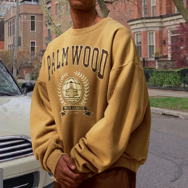 Retro Palmwood Print Men's Crew Neck Sweatshirt