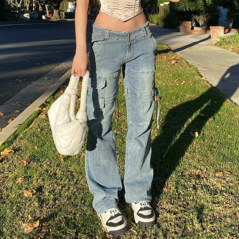 Mid Waist Splice Cargo Jeans