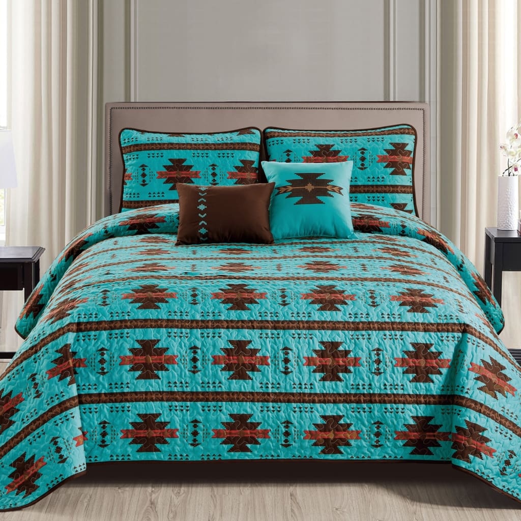 Rustic Southwestern Turquoise Quilt Coverlet - 5 Piece Set