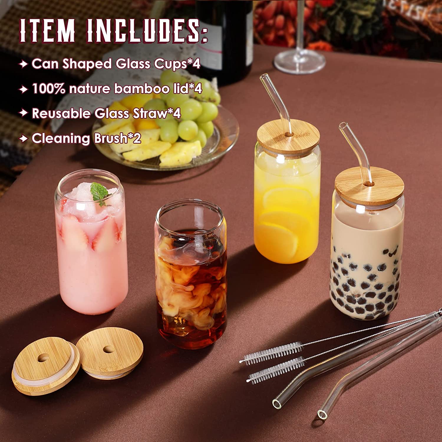 Drinking Glasses with Bamboo Lids and Glass Straw 4pcs Set