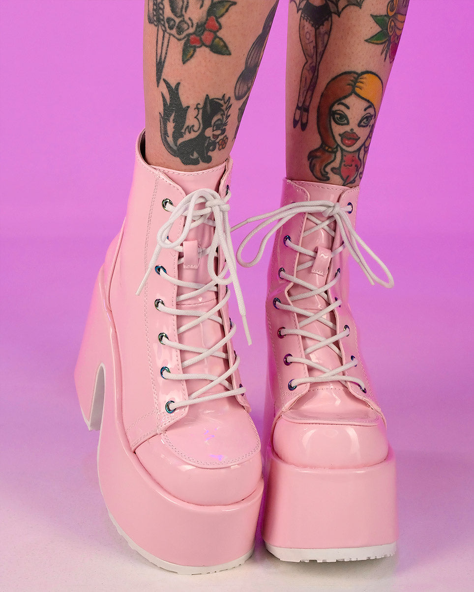 Holo Pink Lace-Up Ankle Boot