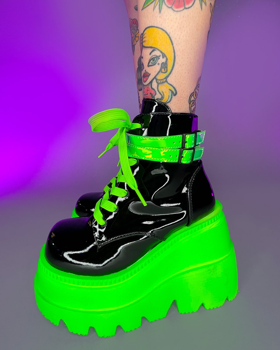 Neon Green Wedge Platform Lace-Up Front Ankle Boot