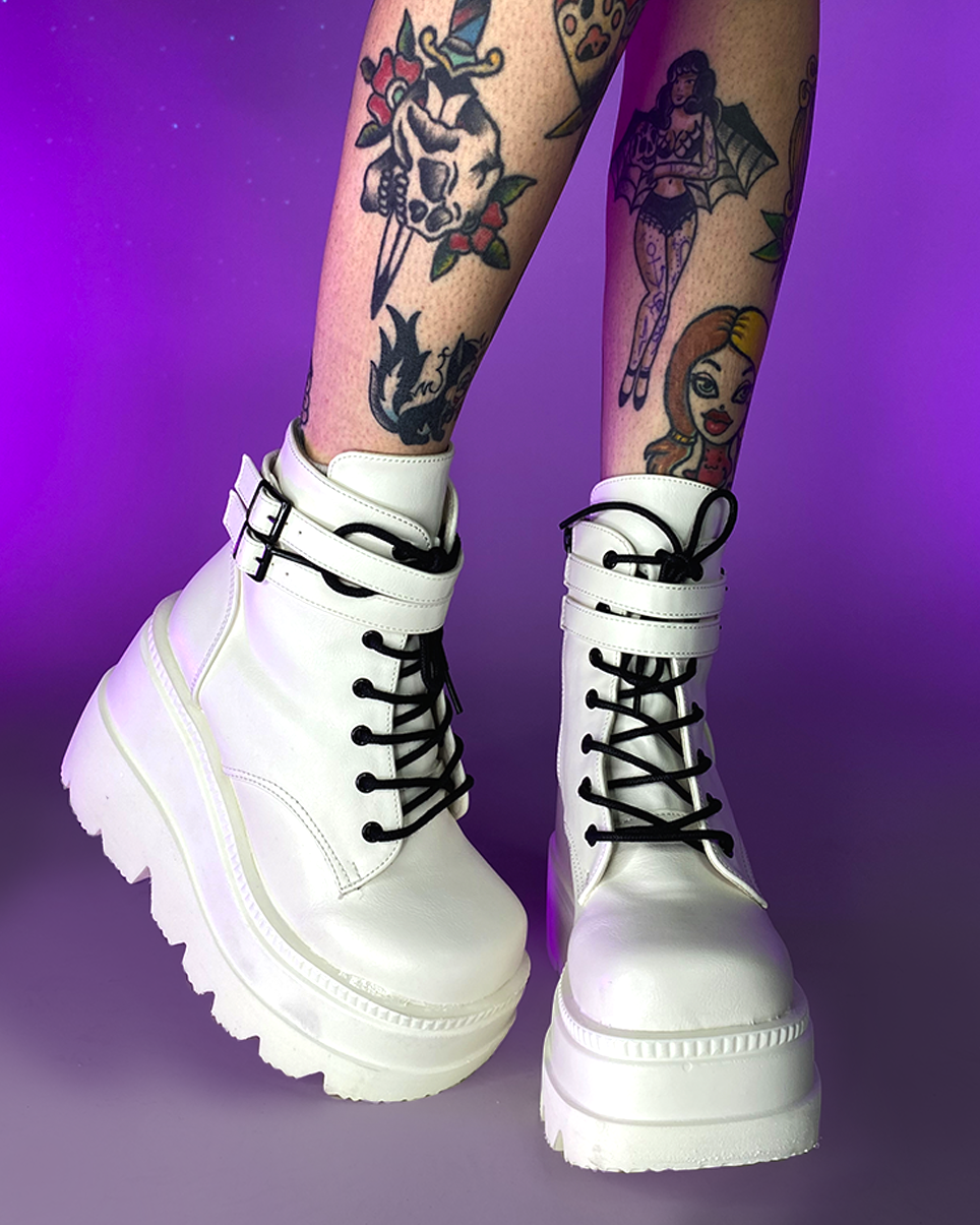 White Stacked Wedge Platform Ankle Boots