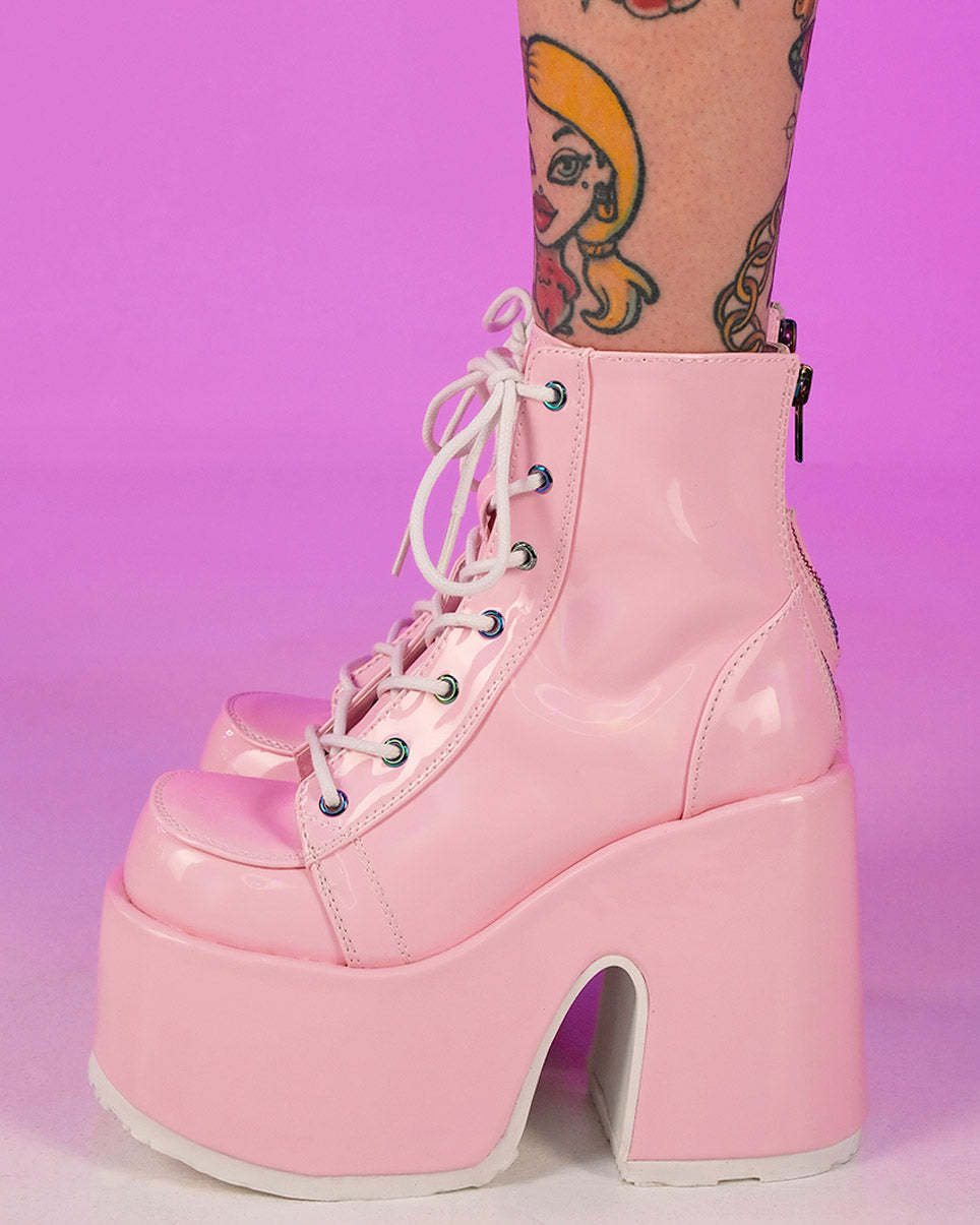 Holo Pink Lace-Up Ankle Boot