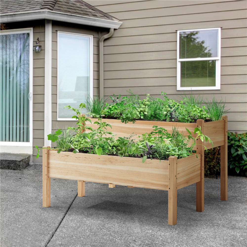 2-Tier Raised Garden Bed Elevated Wooden Planter Box. Wood