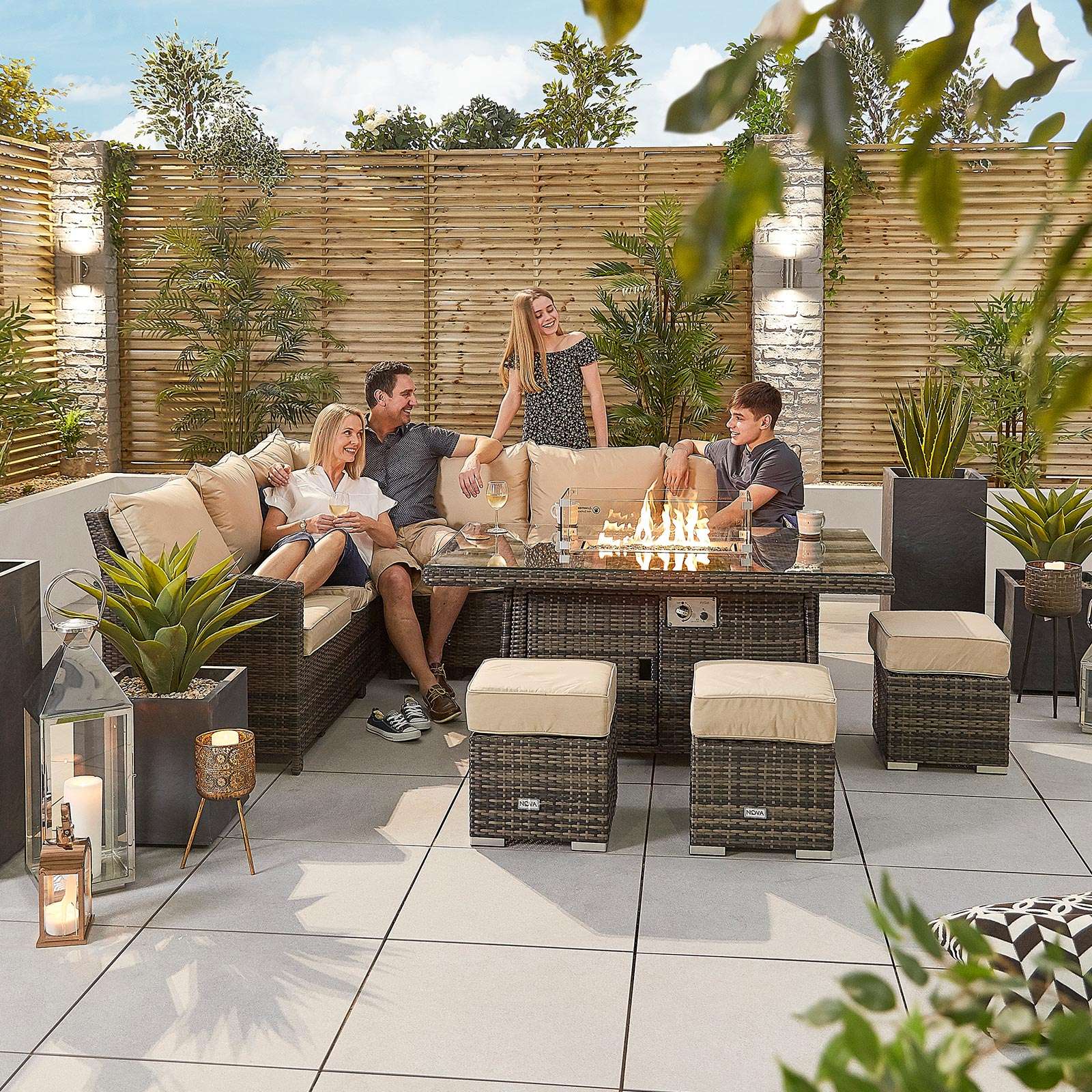 Corner Dining Set with Fire Pit Table - Left Hand - Brown