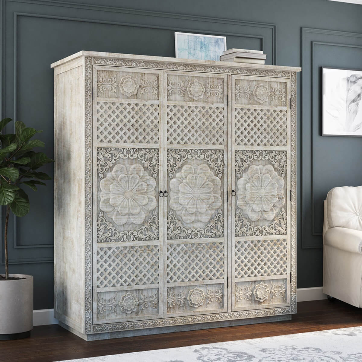 Nuala Hand Carved Solid Wood 63” Large White Wardrobe Armoire