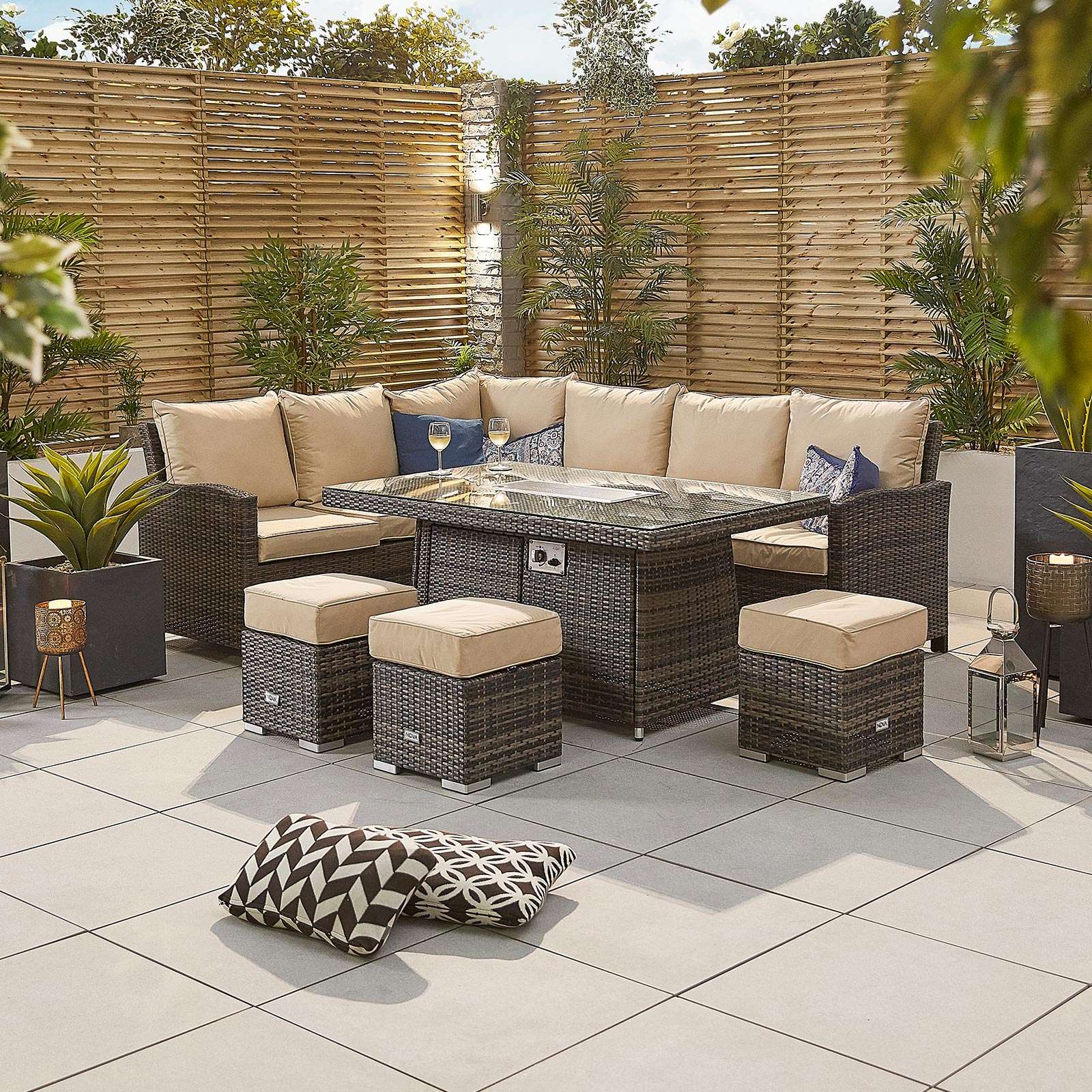 Corner Dining Set with Fire Pit Table - Left Hand - Brown